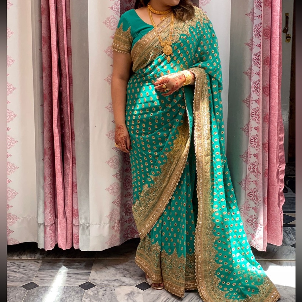 Turquoise Green Saree with Gold Embroidery - OPEN TO ALL OFFERS